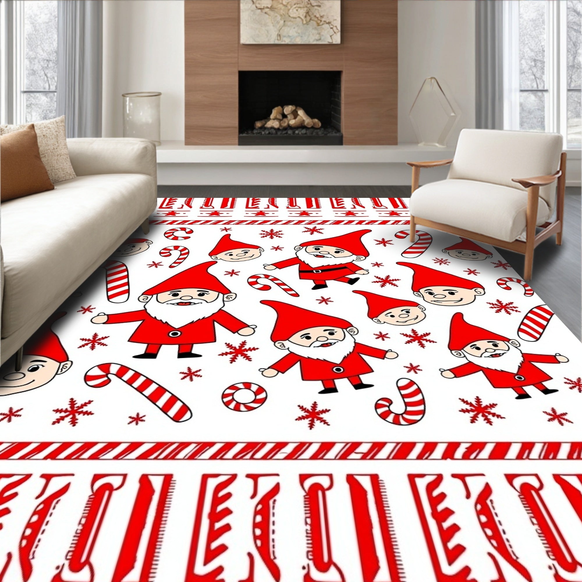 Red Gnomes Candy Cane Snowflake Border Rug