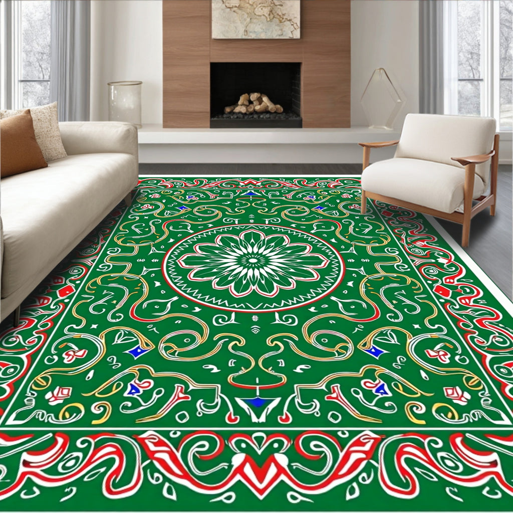 Bright Green Ornate Floral Medallion Rug