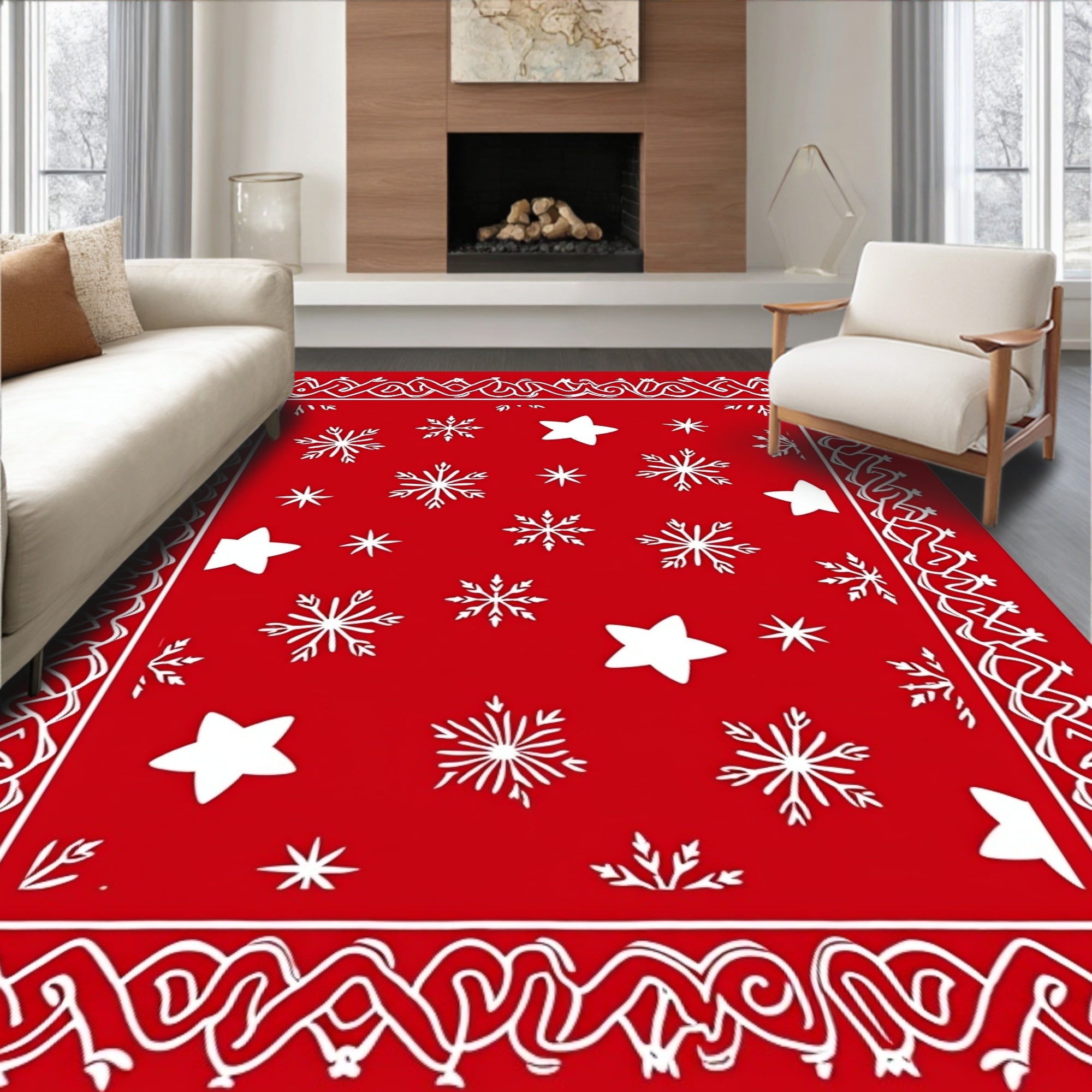 Red White Snowflake Star Border Rug