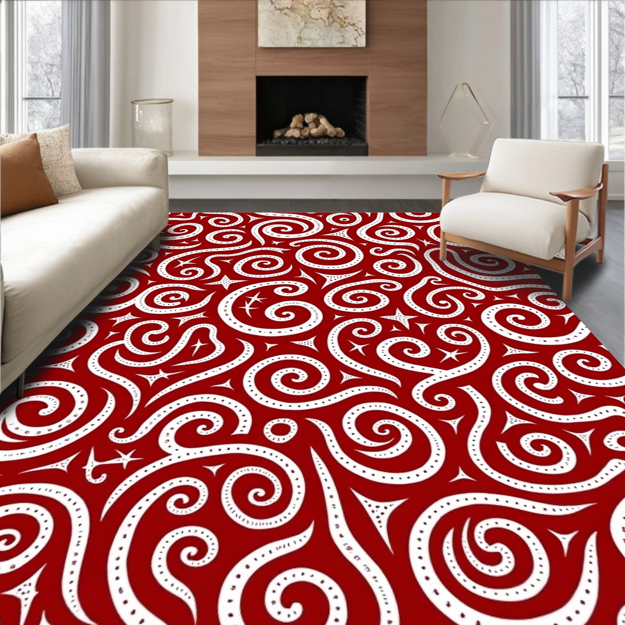 Crimson White Swirl Starburst Medallion Rug