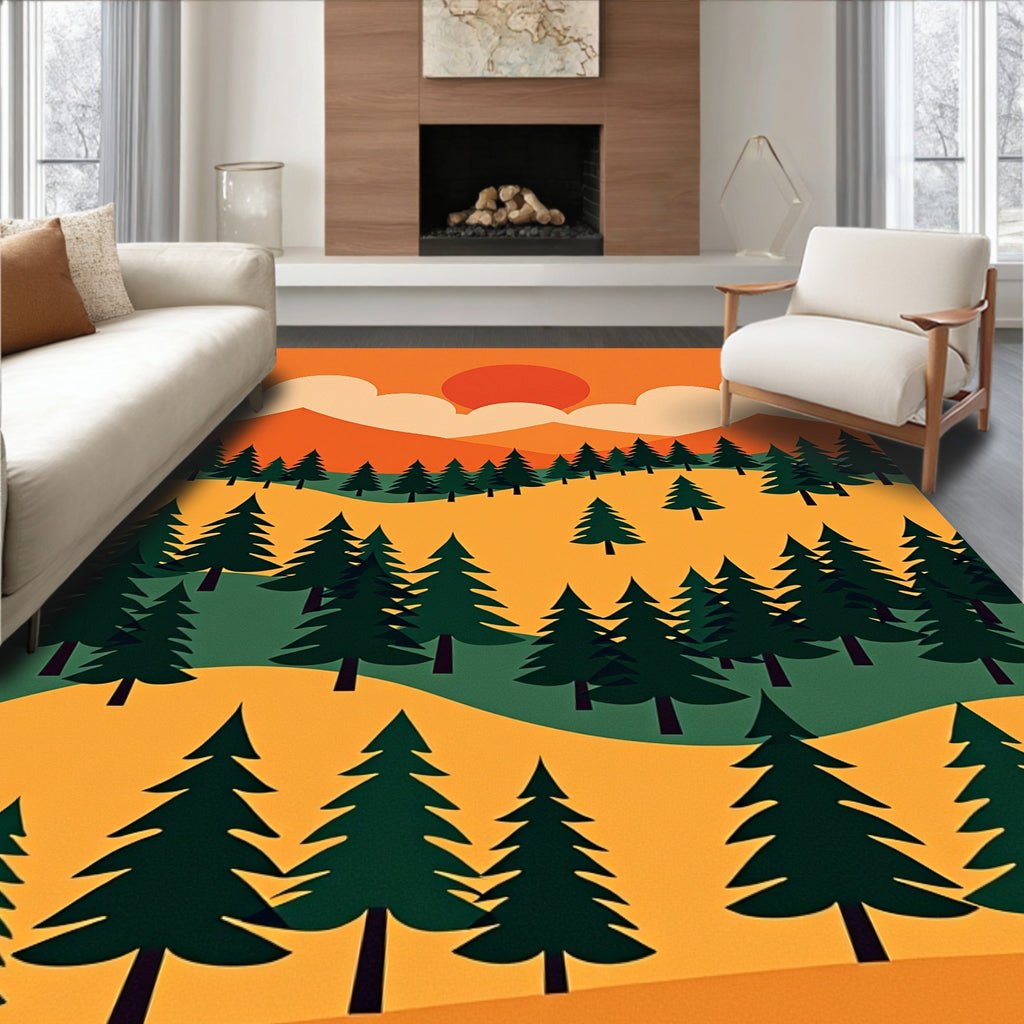 Vibrant Orange Forest Sunset Hills Rug
