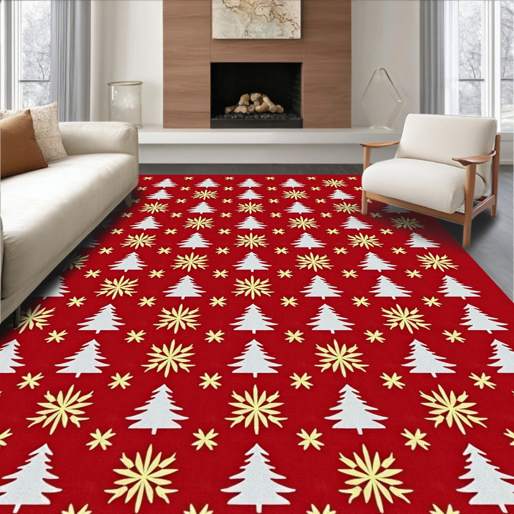 White Tree Yellow Starburst Red Background Rug