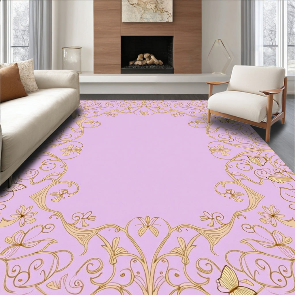 Golden Floral Butterfly Lilac Border Rug
