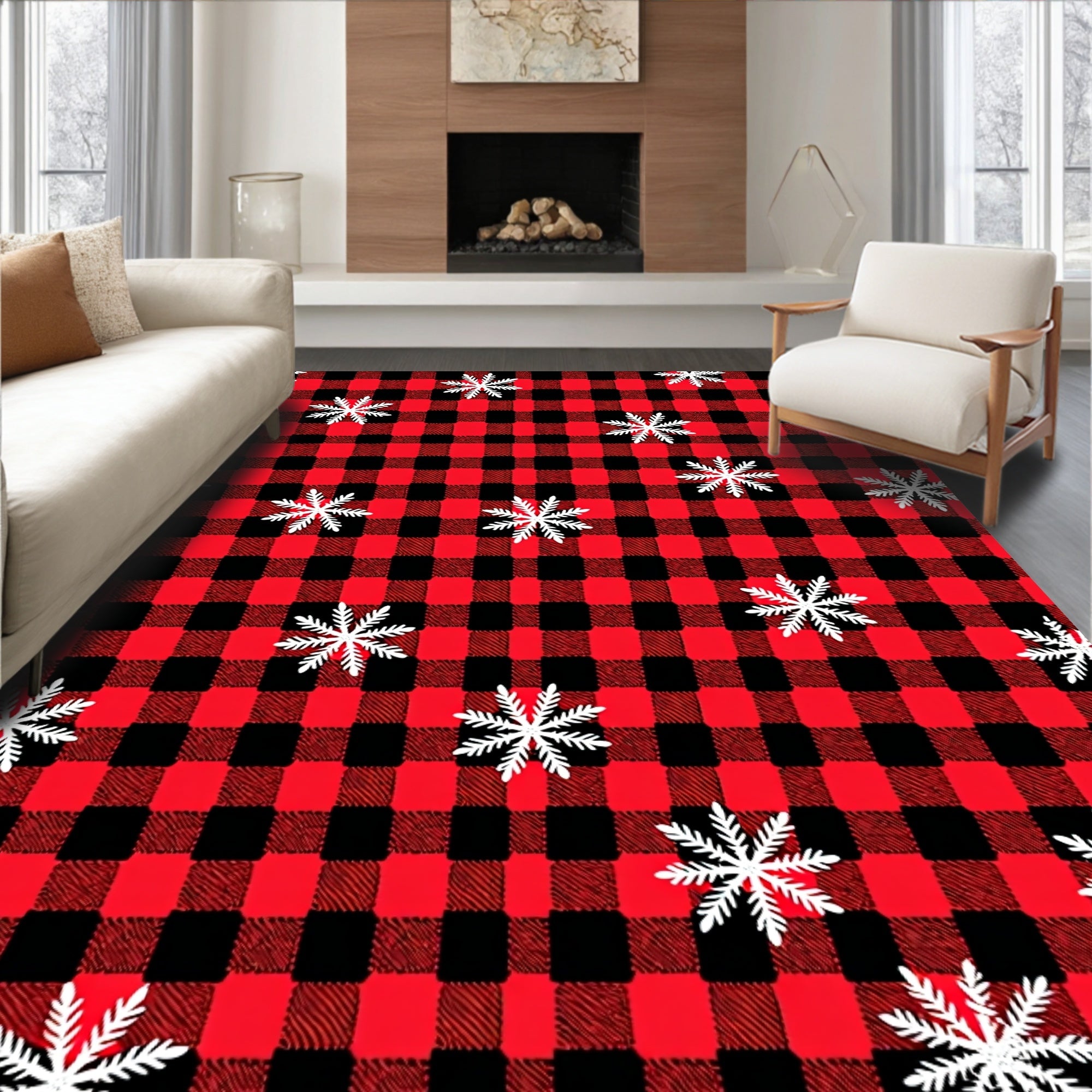 Red Black Buffalo Plaid Snowflake Rug