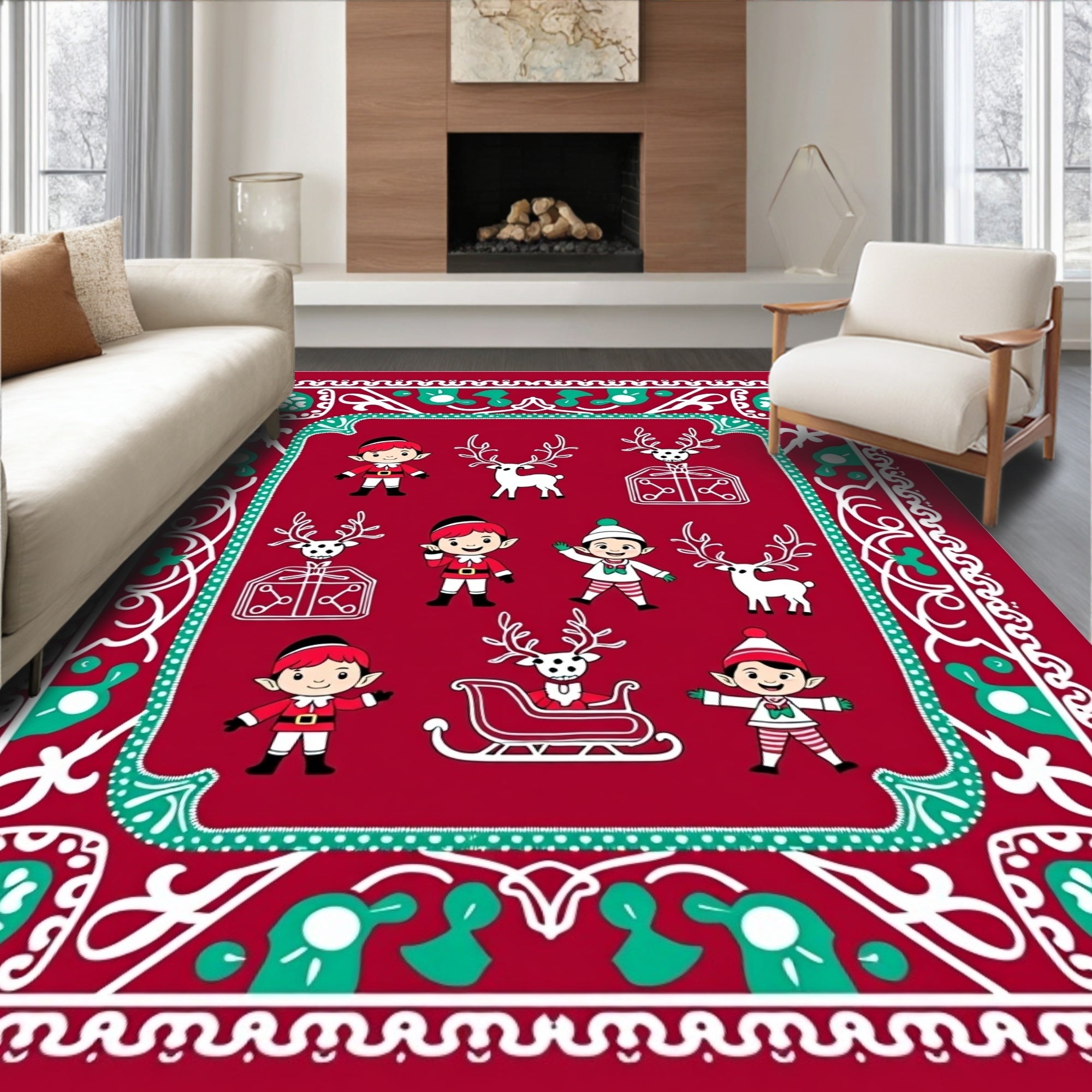 Christmas Elves Reindeer Sleigh Red Rug