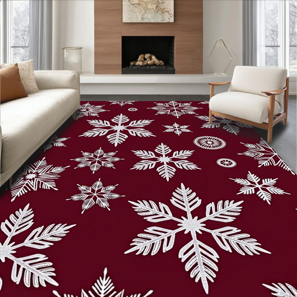 White Snowflake Burgundy Background Collage Rug