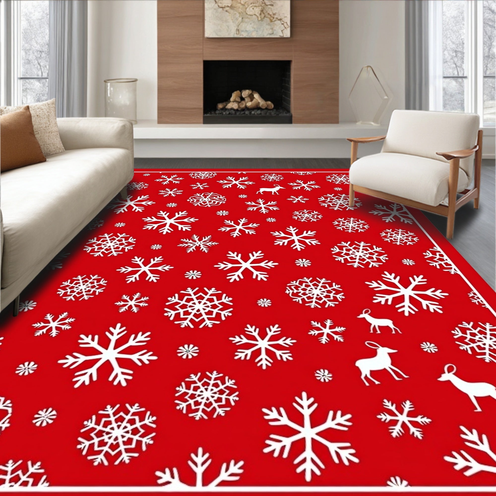 Red Snowflake Reindeer Holiday Composition Rug