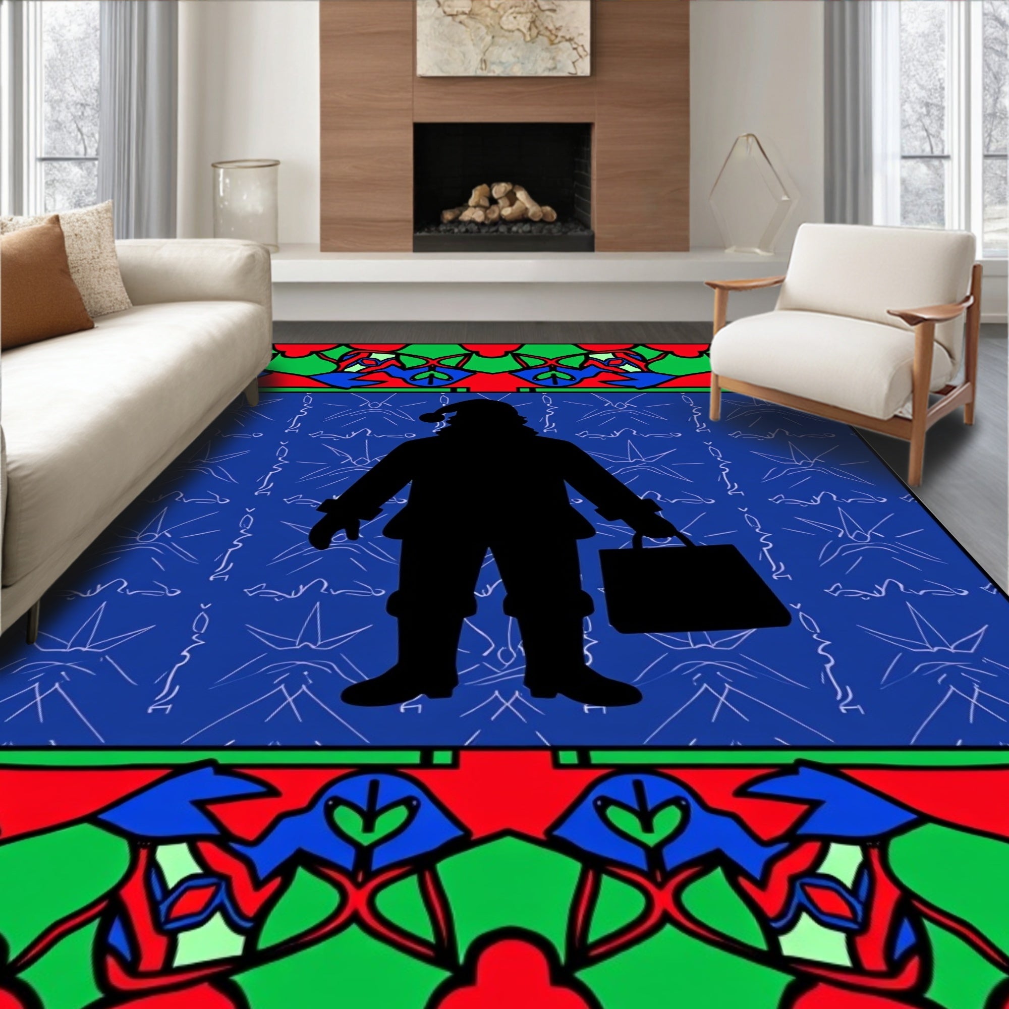 Classic Blue Santa Silhouette Festive Border Rug