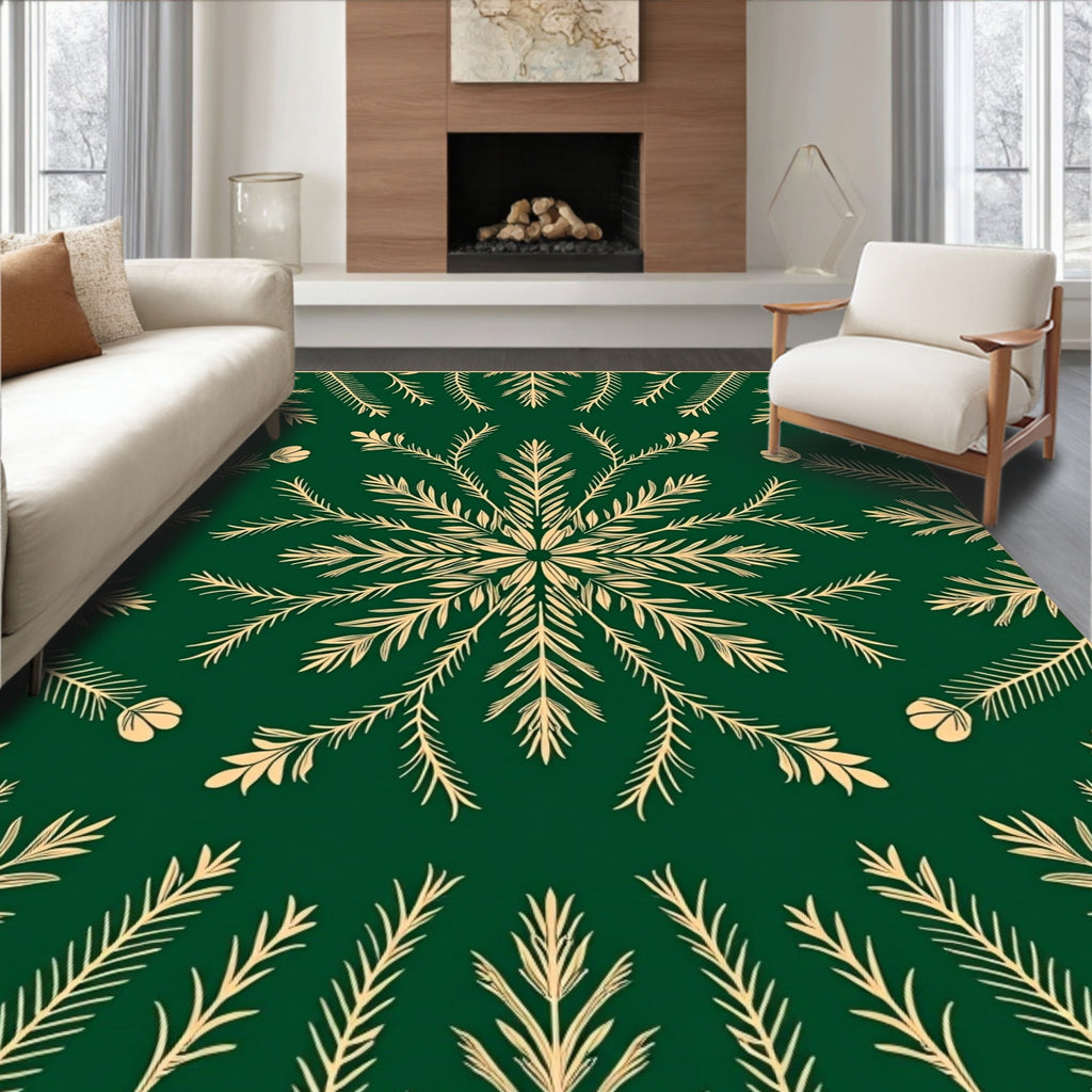 Golden Laurel Snowflake On Deep Green Rug