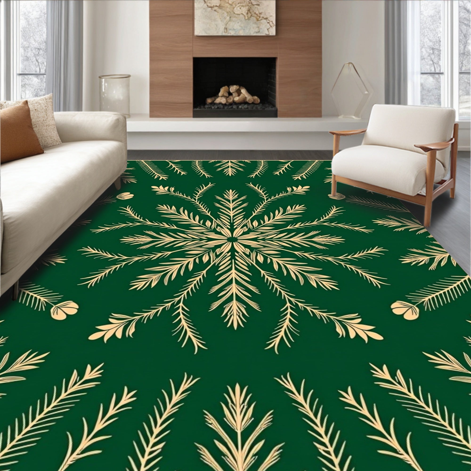 Golden Laurel Snowflake On Deep Green Rug