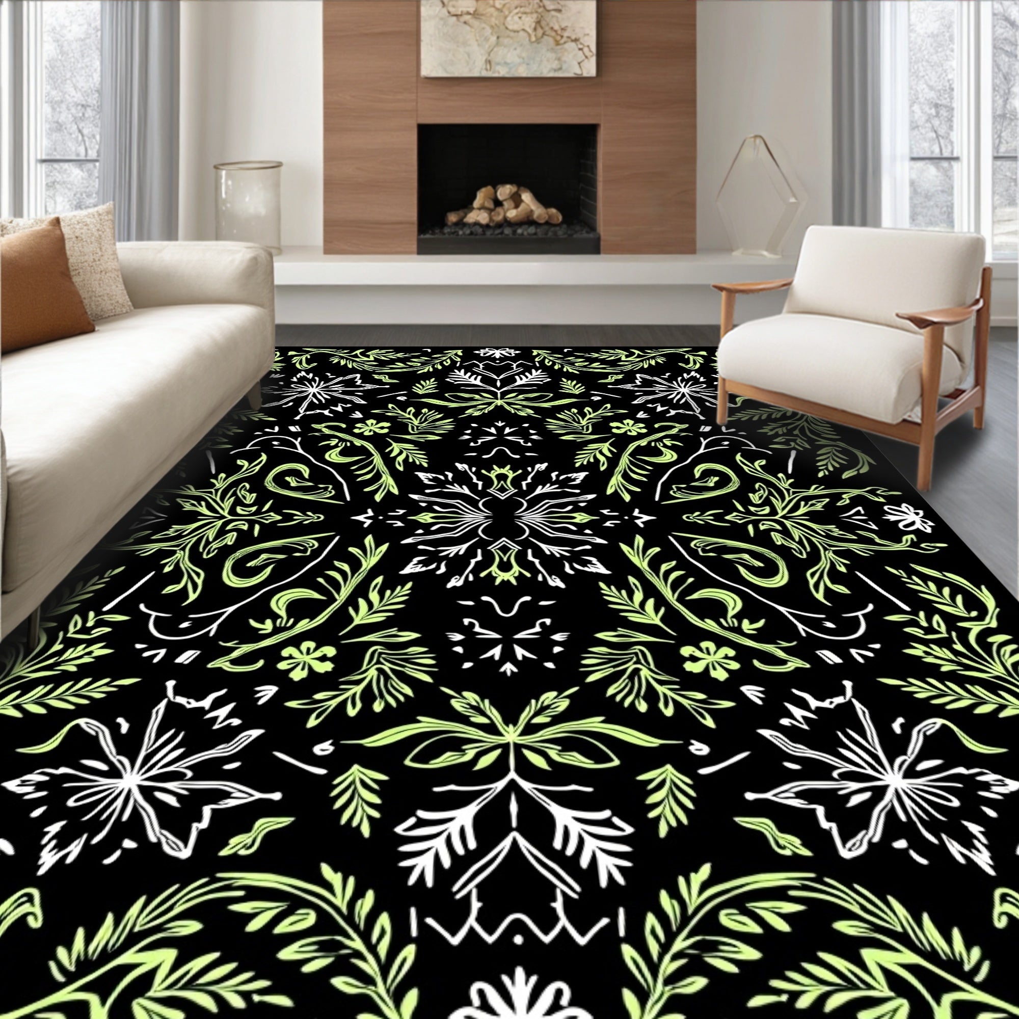 Earthy Green Vine Scroll Medallion Rug