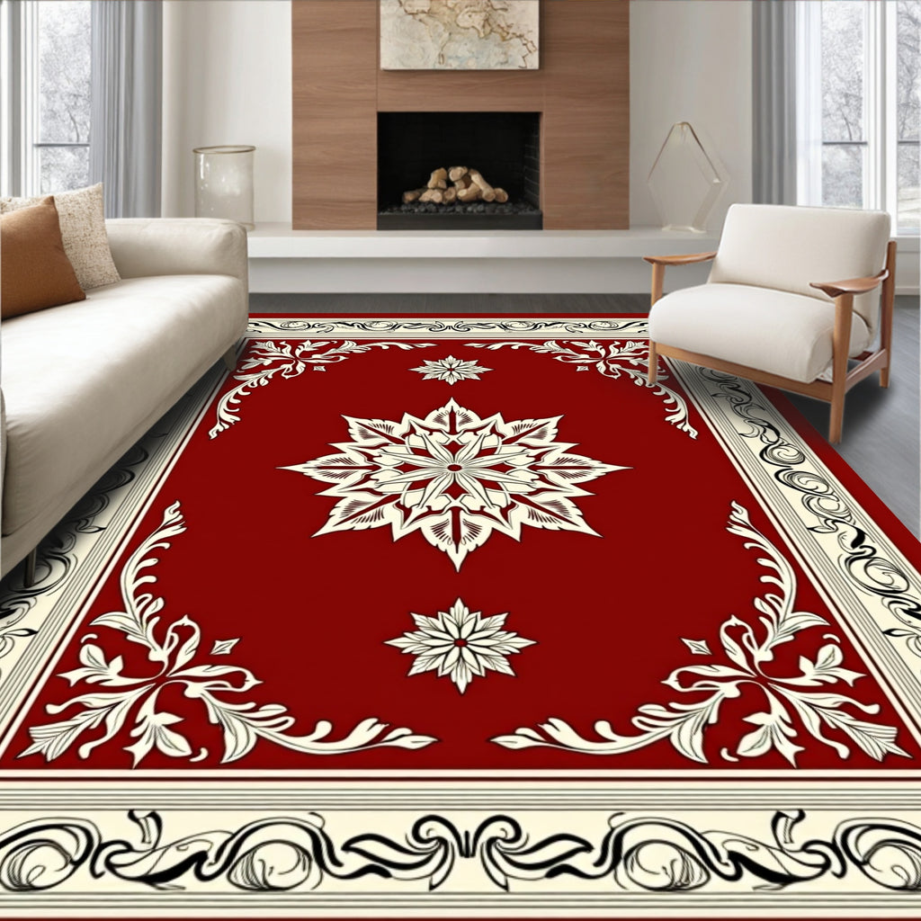 Elegant Crimson Floral Border Medallion Rug