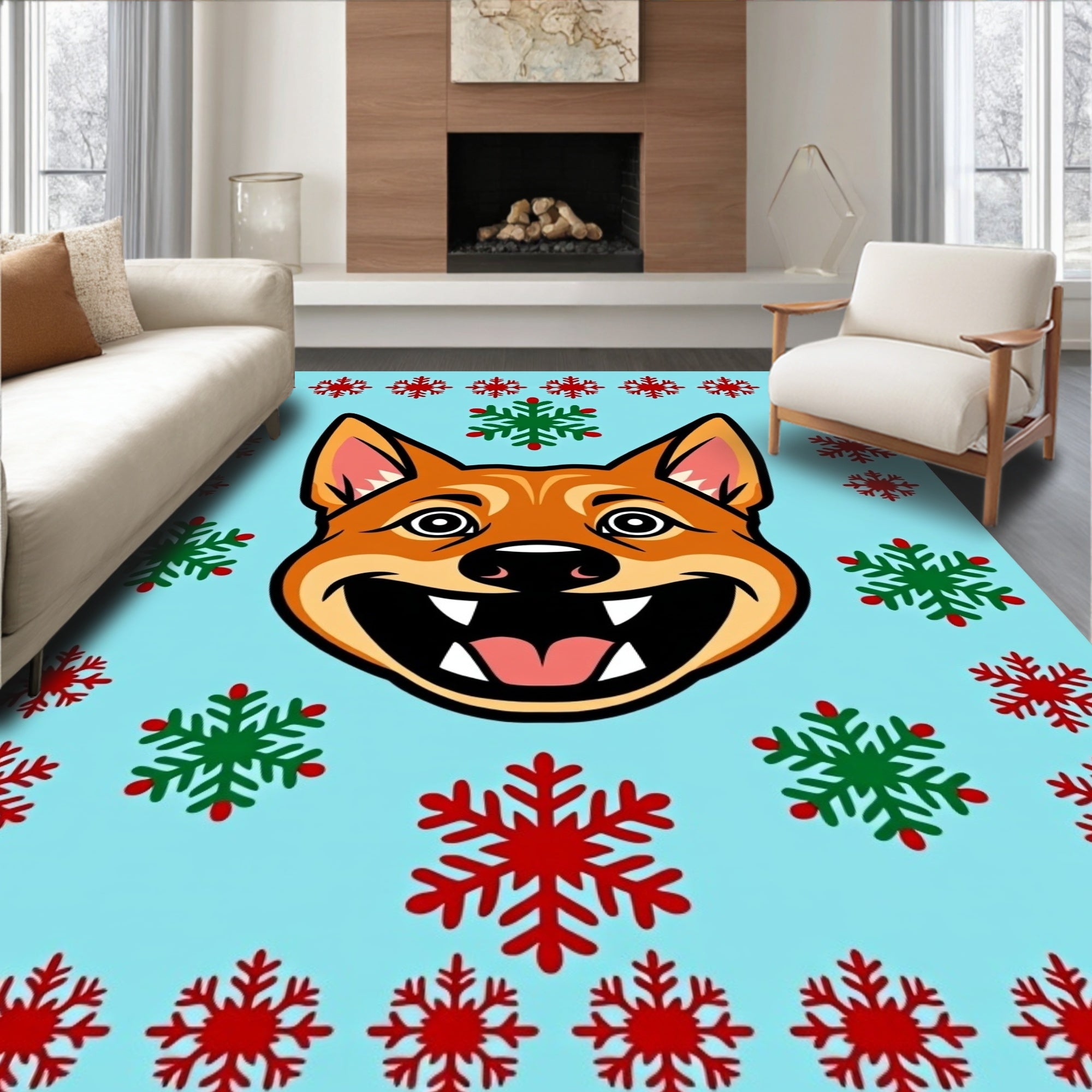Happy Dog With Snowflakes Border Rug