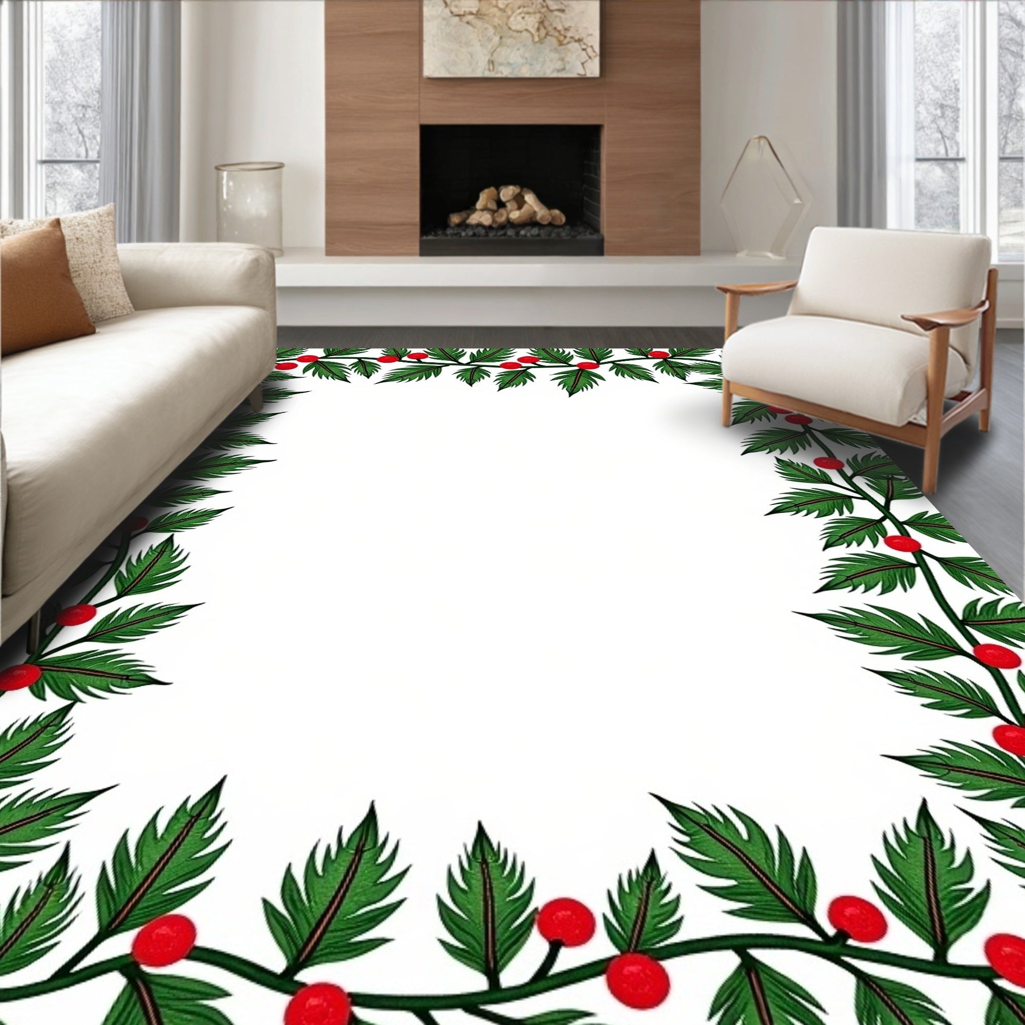 Evergreen Holly Berry Garland Border Rug