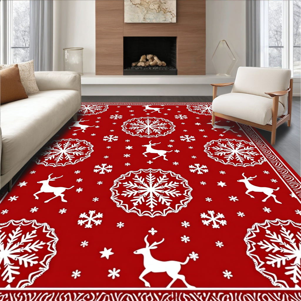 Red Snowflakes Reindeer Winter Scene Rug