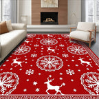 Red Snowflakes Reindeer Winter Scene Rug