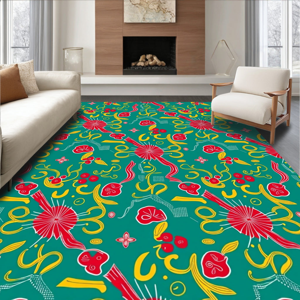 Emerald Red Yellow Whimsical Swirl Floral Rug