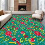 Emerald Red Yellow Whimsical Swirl Floral Rug