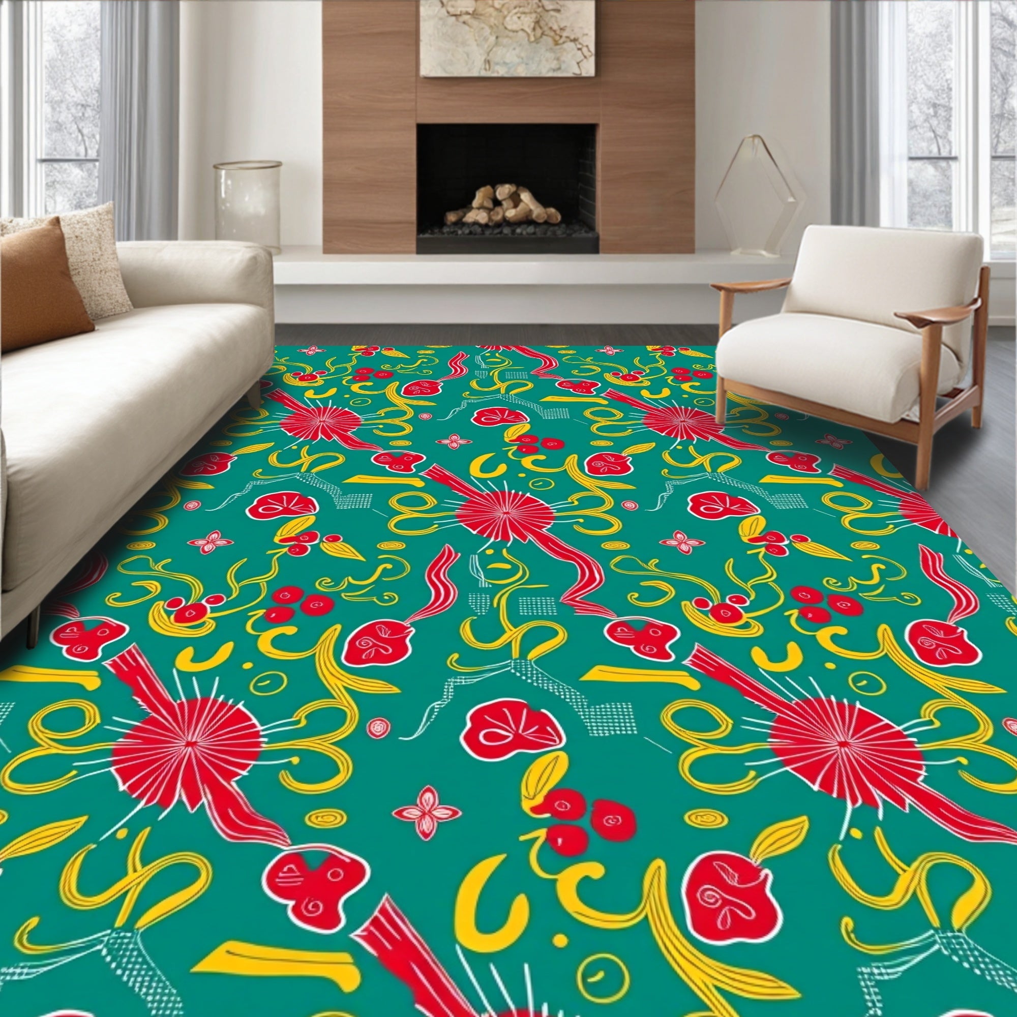 Emerald Red Yellow Whimsical Swirl Floral Rug