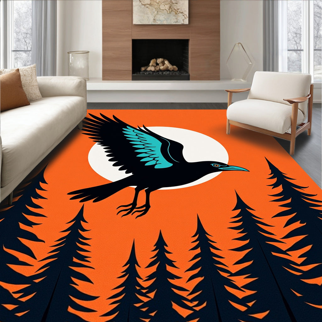 Bold Raven Flying Over Sunset Forest Rug