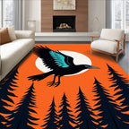 Bold Raven Flying Over Sunset Forest Rug