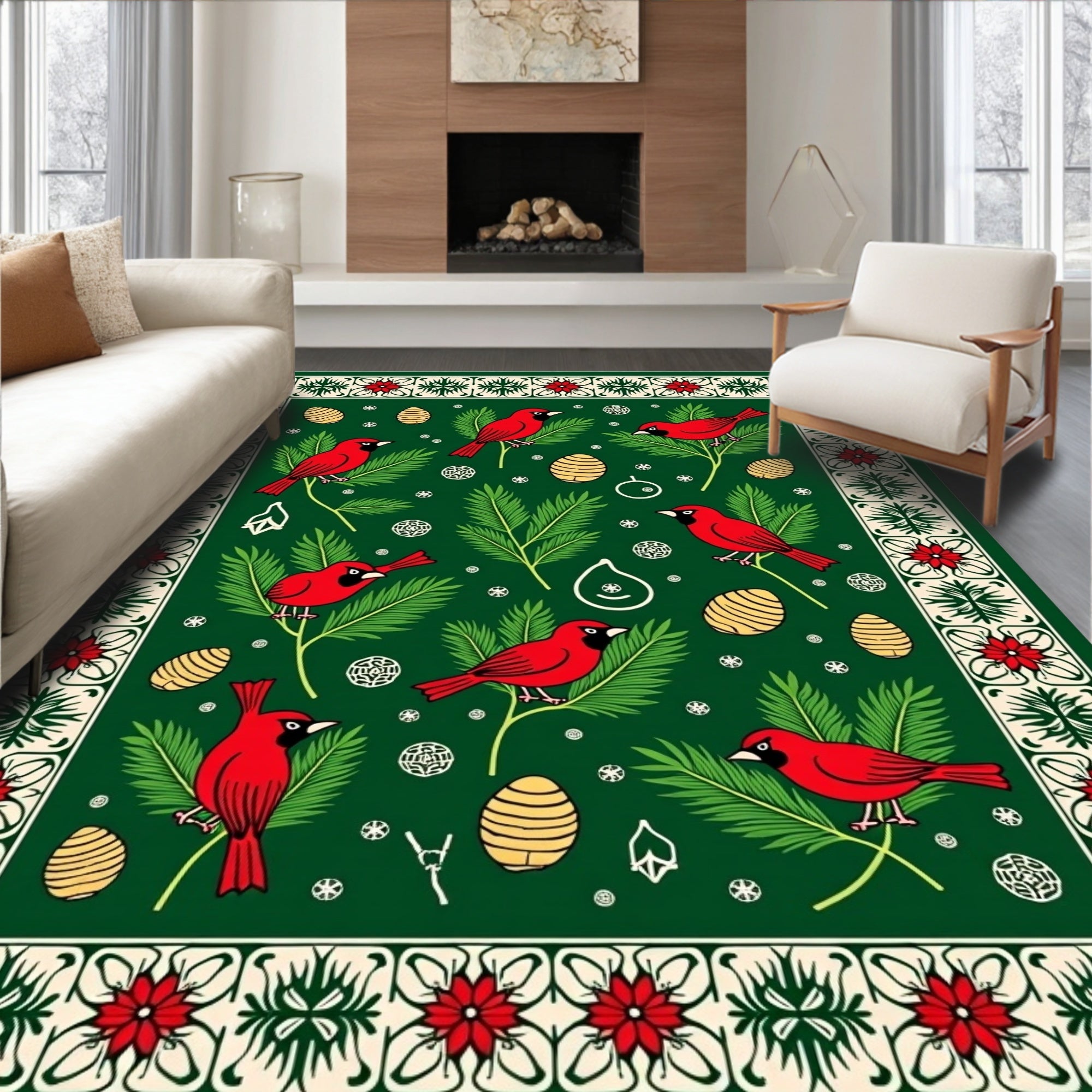 Red Cardinal Evergreen Branch Christmas Rug