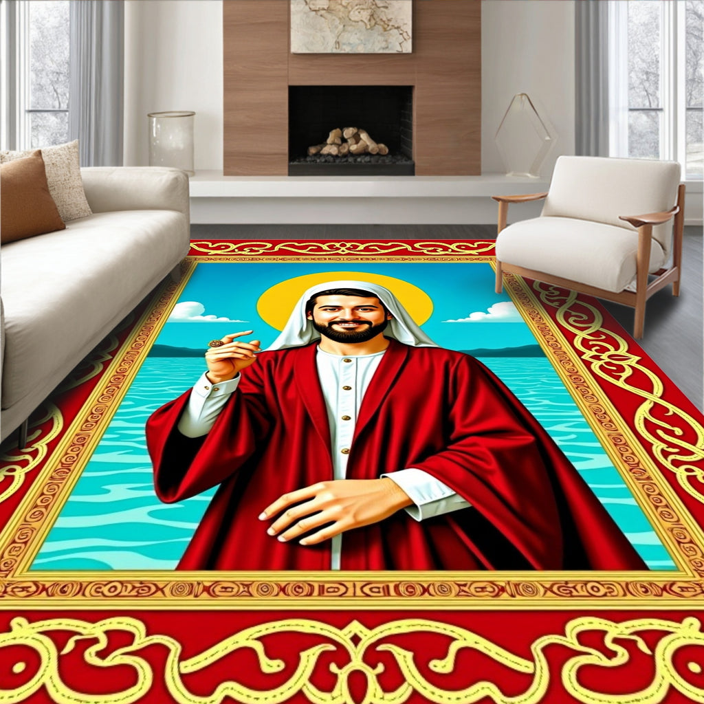 Radiant Golden Halo Blue Water Portrait Rug