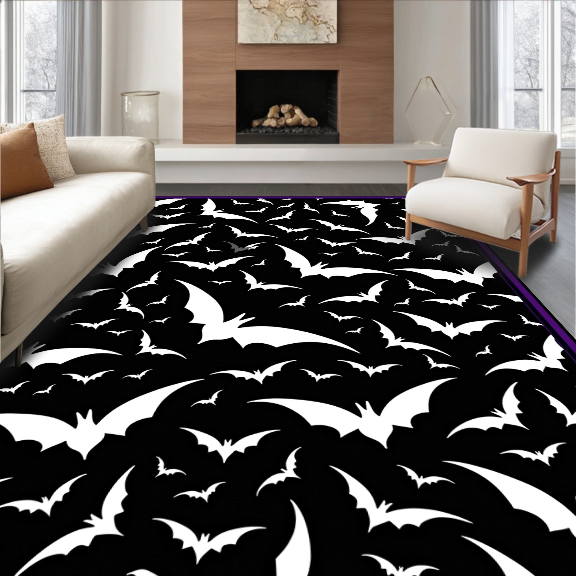 Spooky White Bat Flock Night Rug