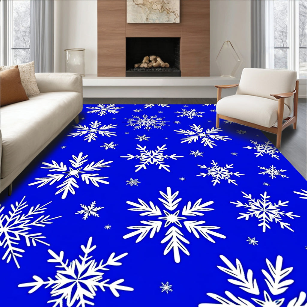 White Snowflake Pattern On Royal Blue Rug