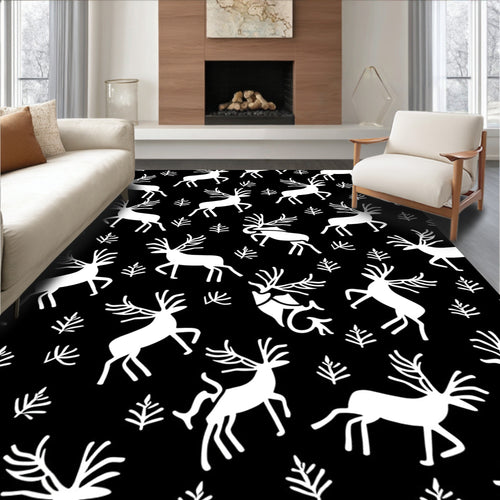 Black White Woodland Reindeer Antler Scene Rug