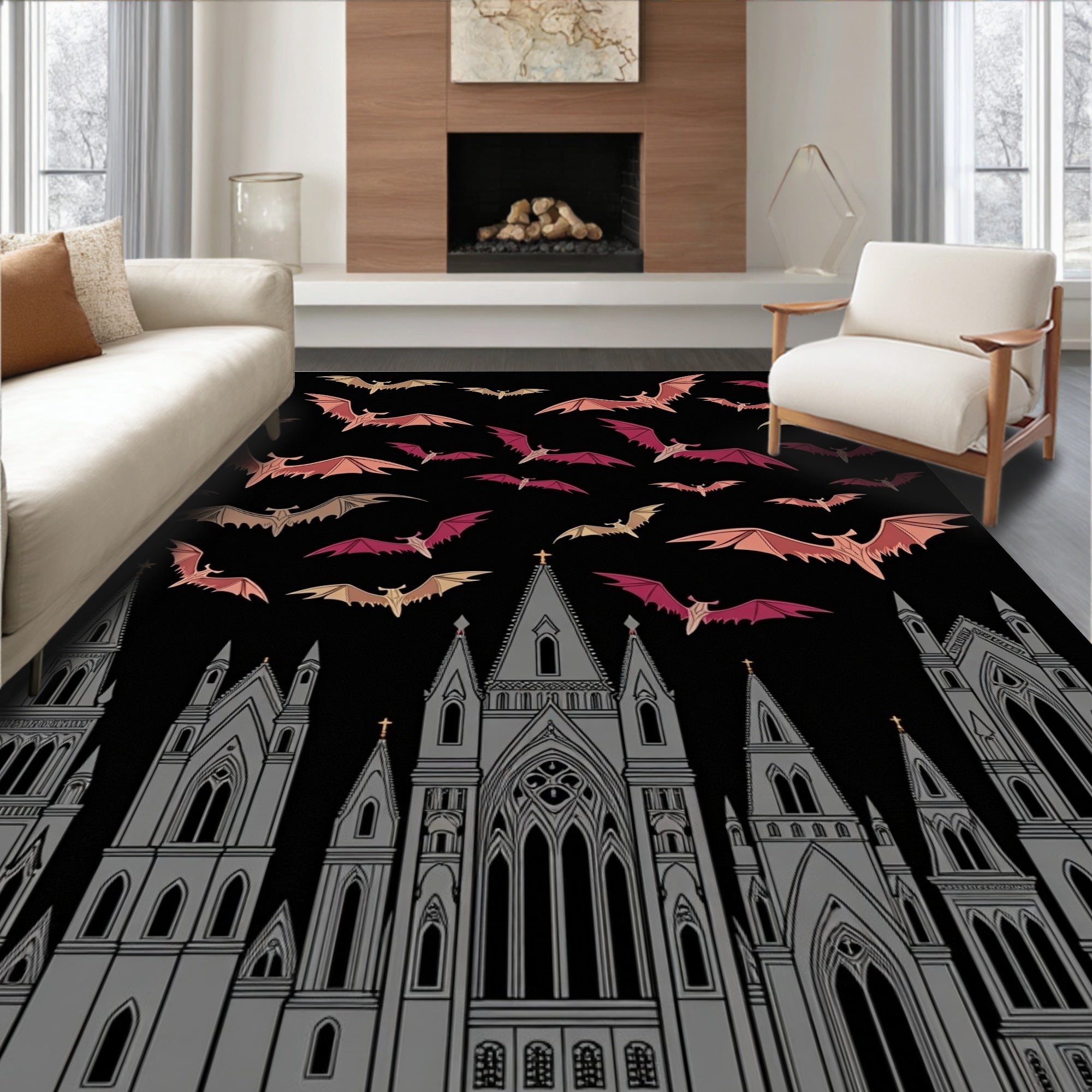 Gothic Bat Silhouette Castle Scape Rug