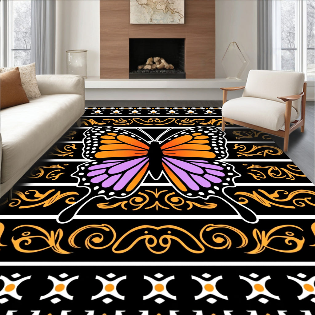 Vibrant Orange Purple Butterfly Scroll Rug