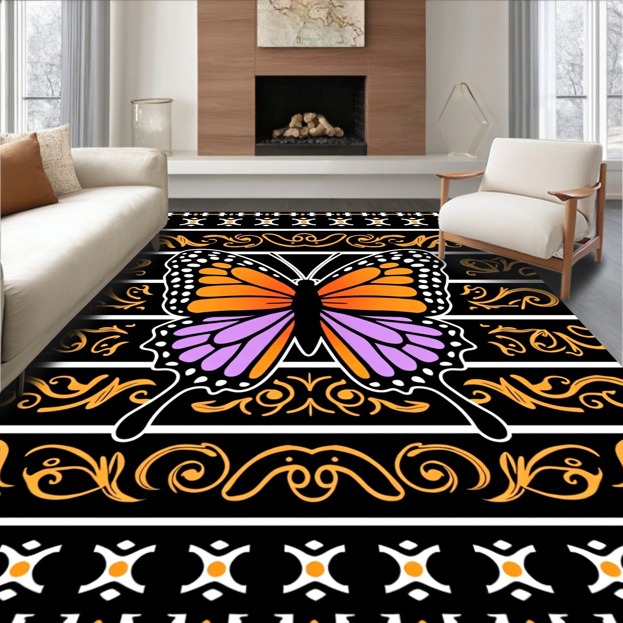 Vibrant Orange Purple Butterfly Scroll Rug