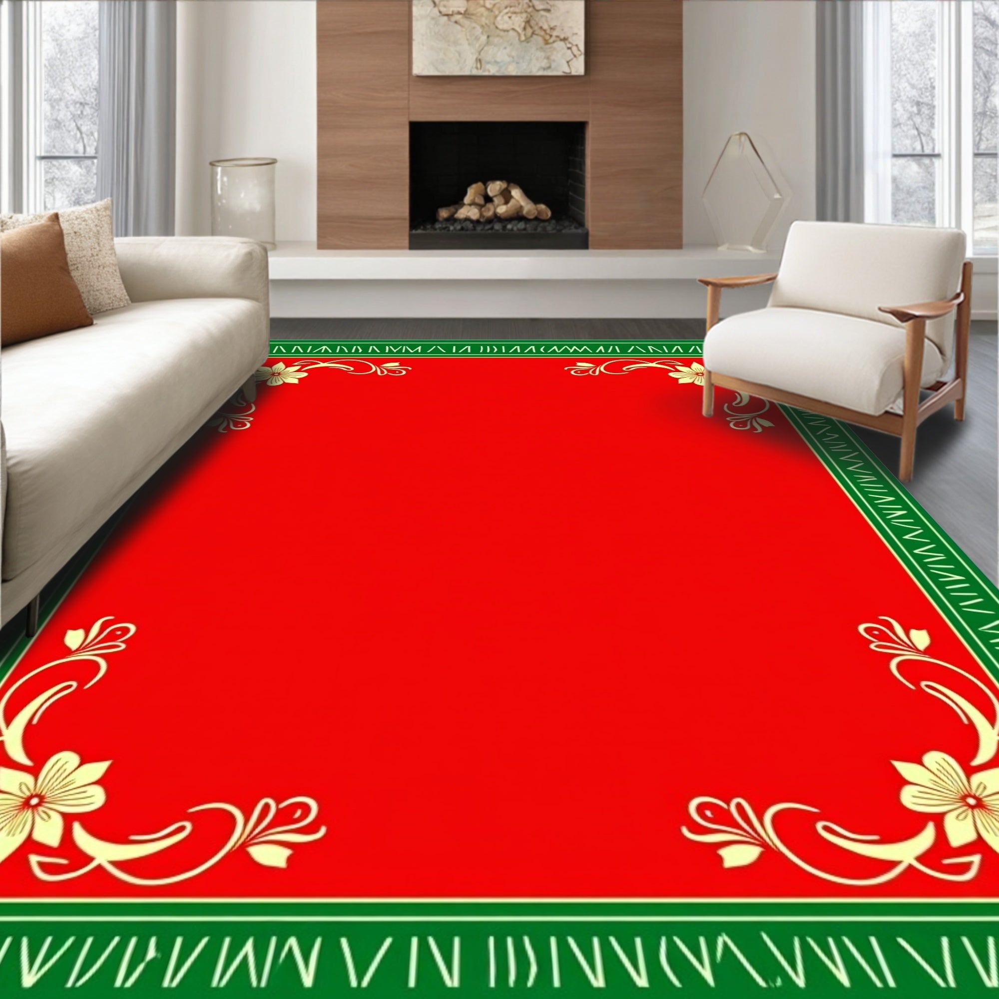 Red Gold Floral Border Frame Rug