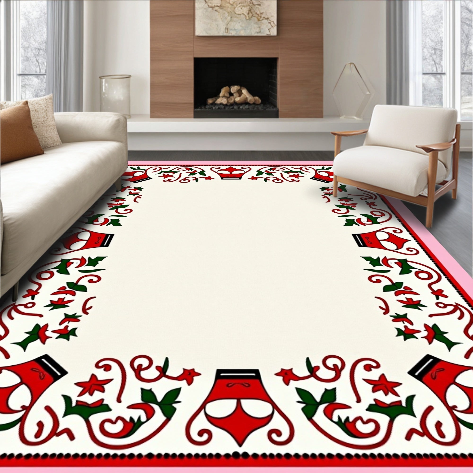 Whimsical Red Green Crown Floral Border Rug