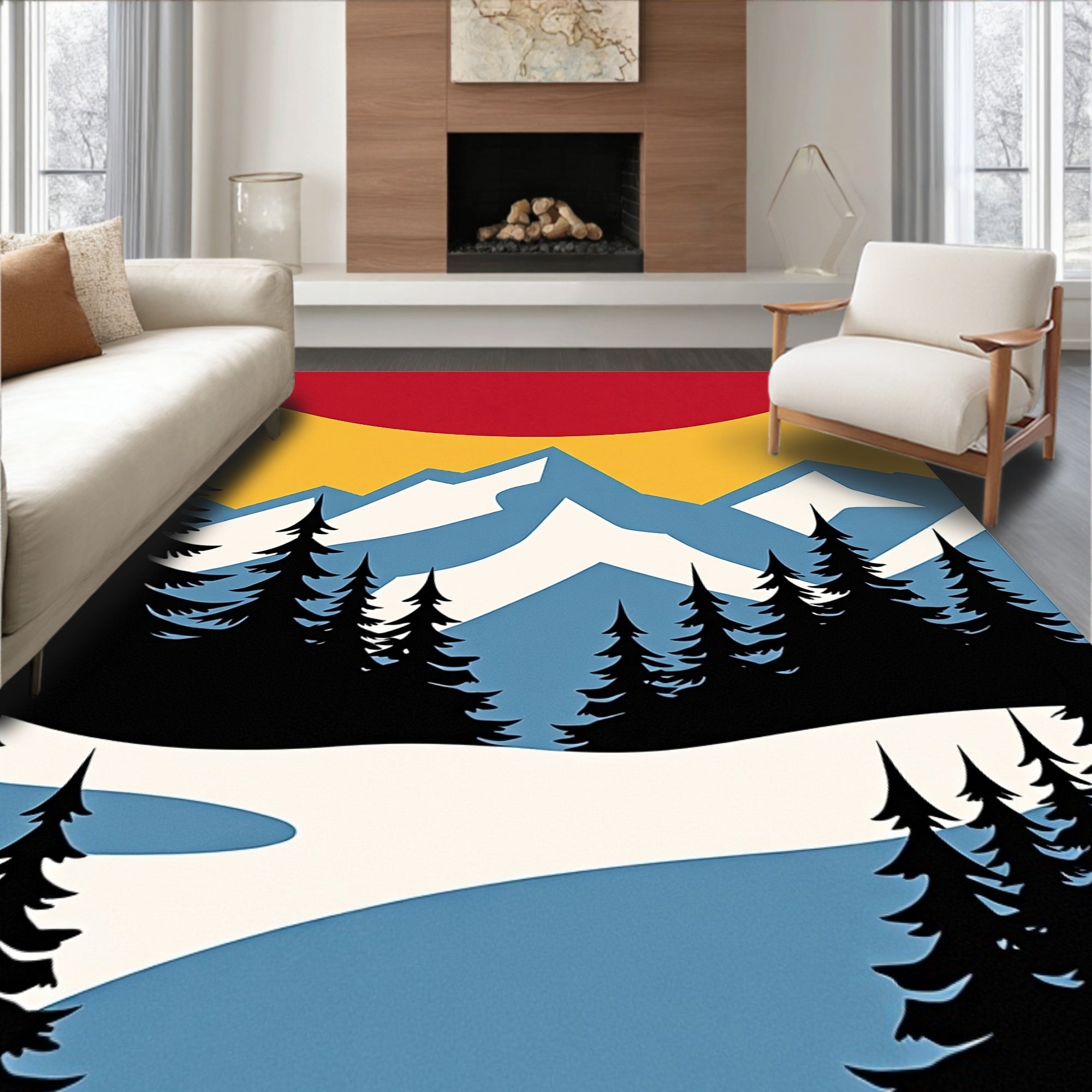 Crimson Yellow Mountain Evergreen Forest Rug