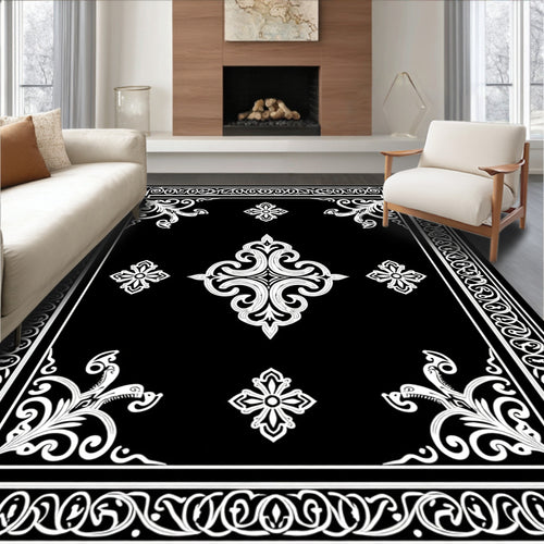 Black and White Ornate Scrollwork Rug
