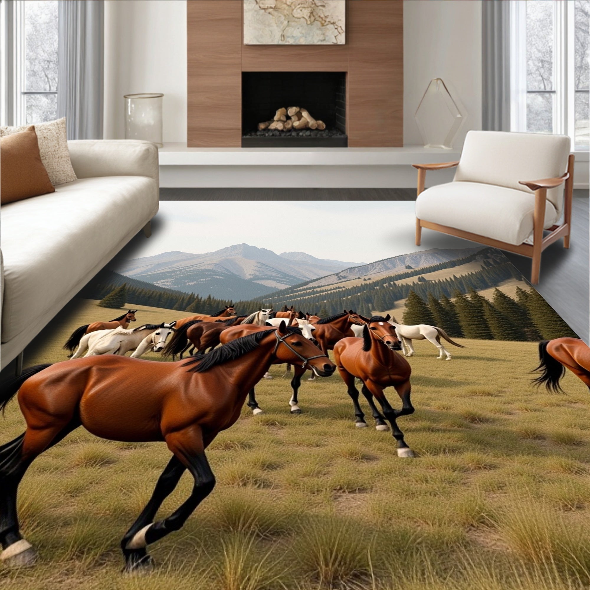 Majestic Horse Herd Mountain Landscape Rug