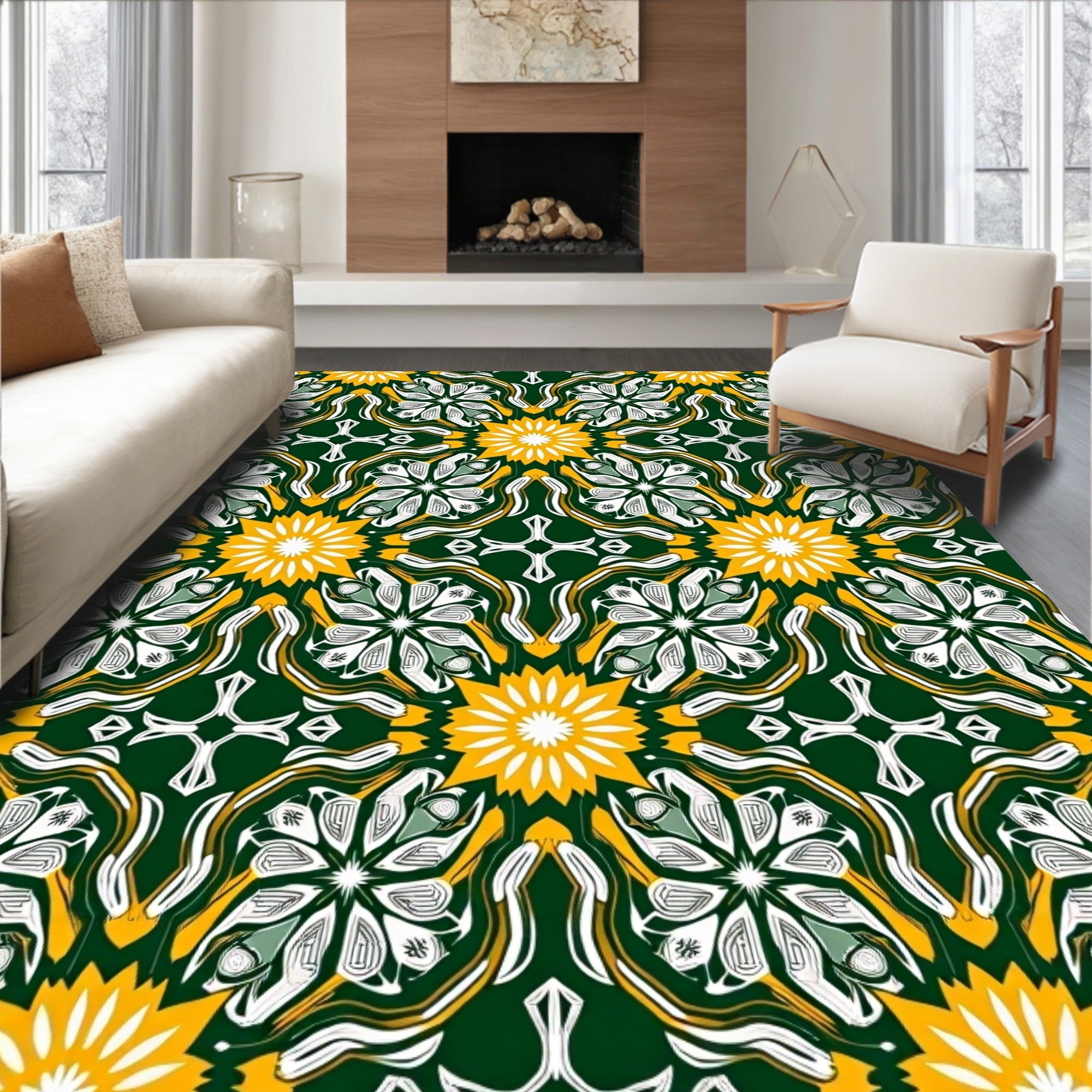 Emerald Green Yellow Floral Medallion Rug