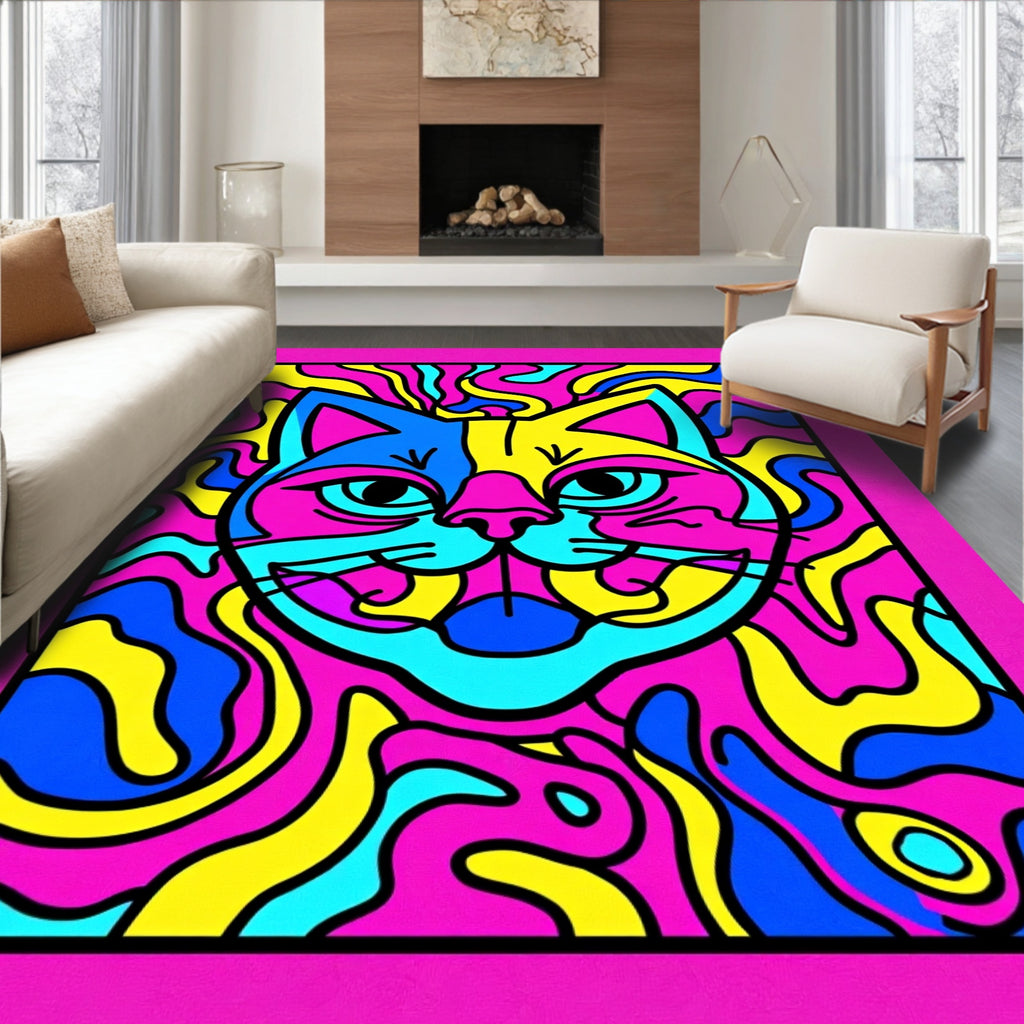 Vibrant Pink Blue Yellow Abstract Cat Rug