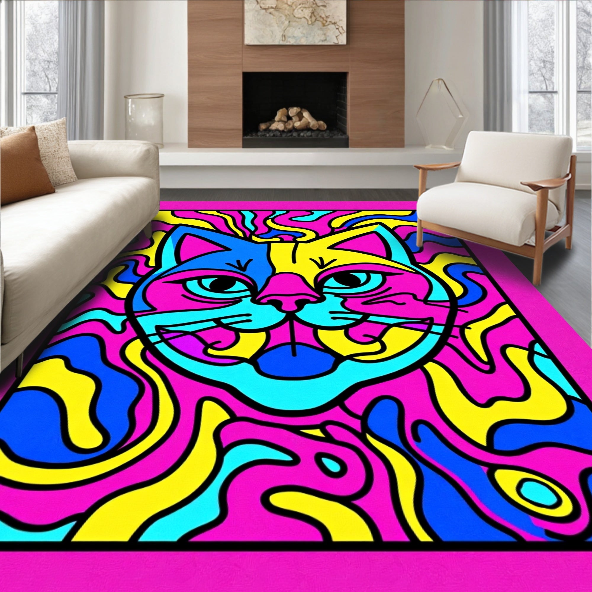 Vibrant Pink Blue Yellow Abstract Cat Rug