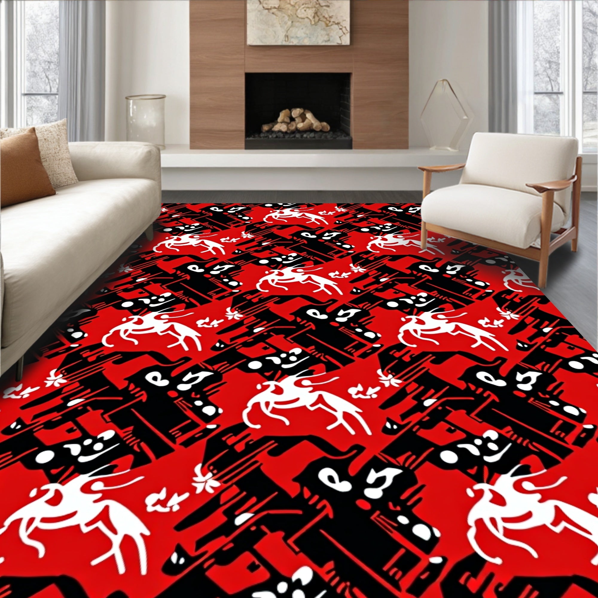Bold Red White Mythical Creature Rug
