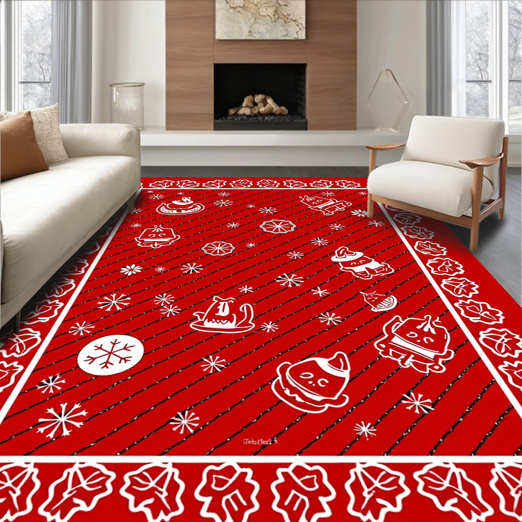 Red Festive Holiday Characters Snowflakes Rug