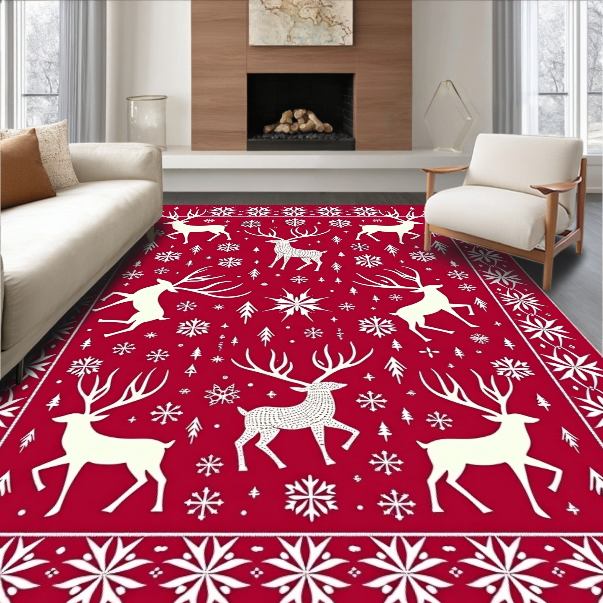 Crimson Reindeer Snowflake Border Rug