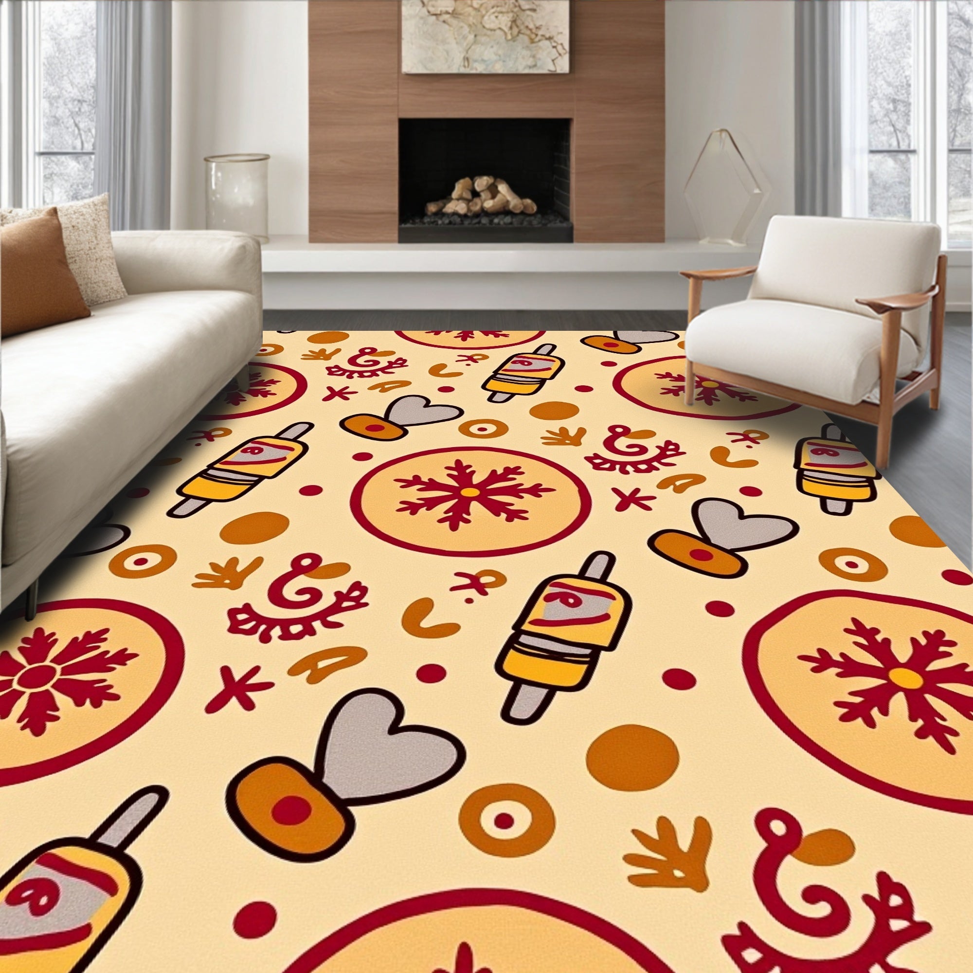 Earthy Yellow Crimson Folk Art Objects Rug