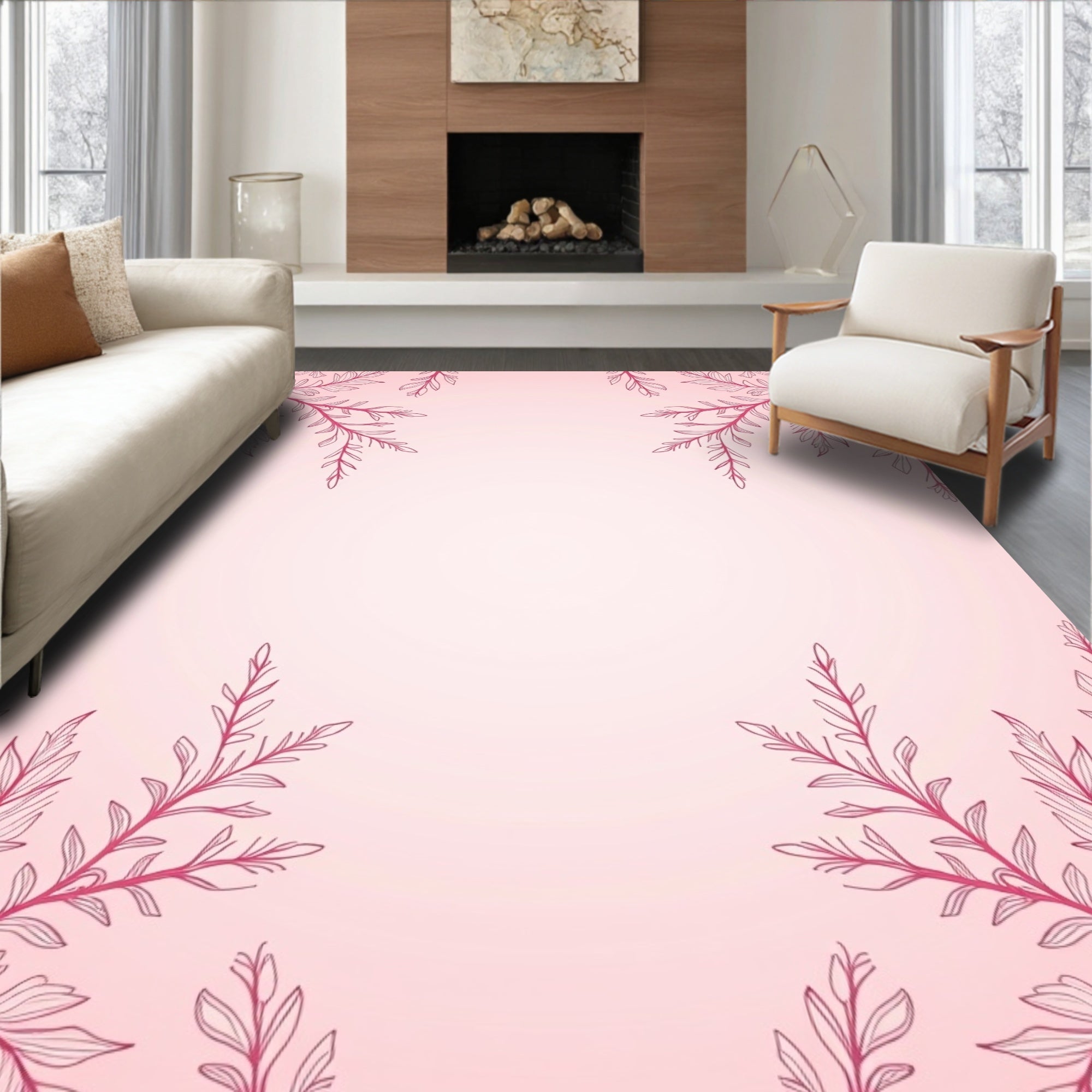 Delicate Pink Floral Branch Frame Rug
