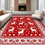 Red White Reindeer Snowflakes Border Rug