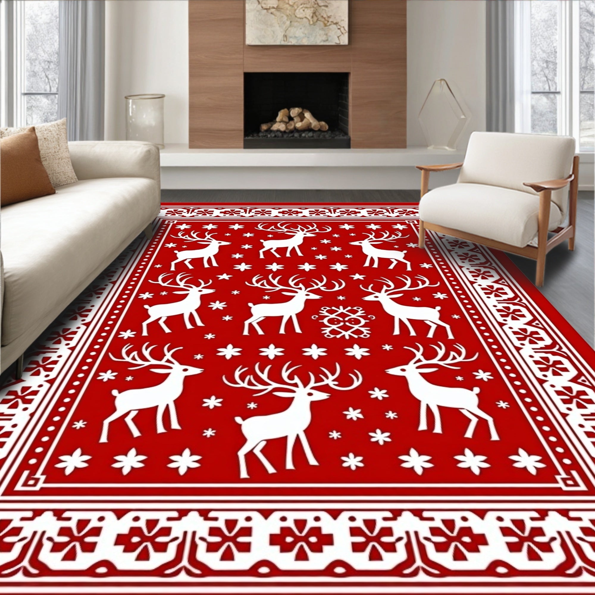 Red White Reindeer Snowflakes Border Rug