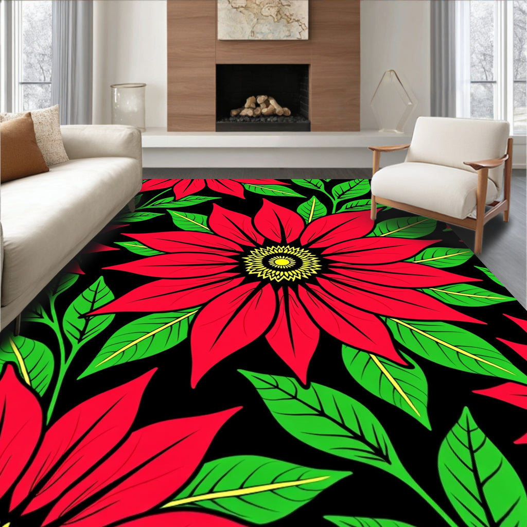 Bold Red Poinsettia Floral Bloom Rug