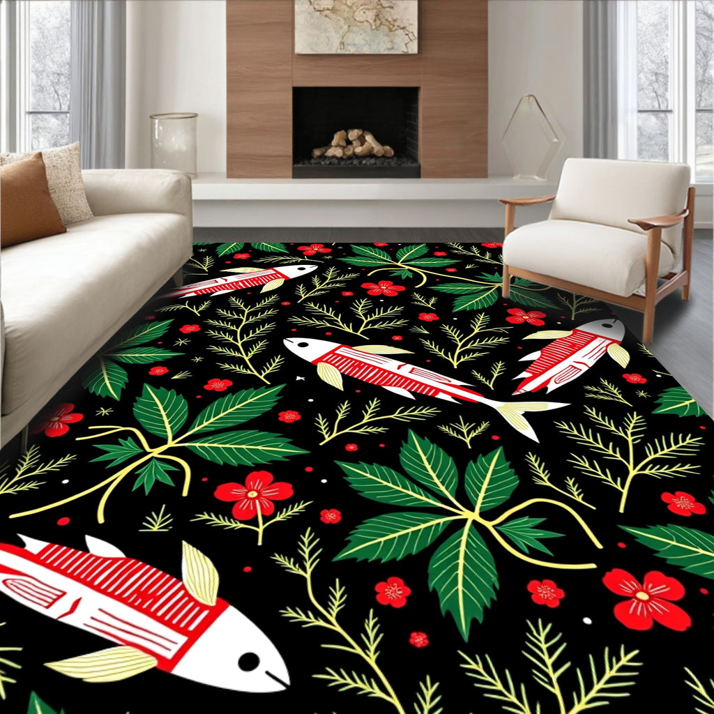 Red White Fish And Green Leaves Rug